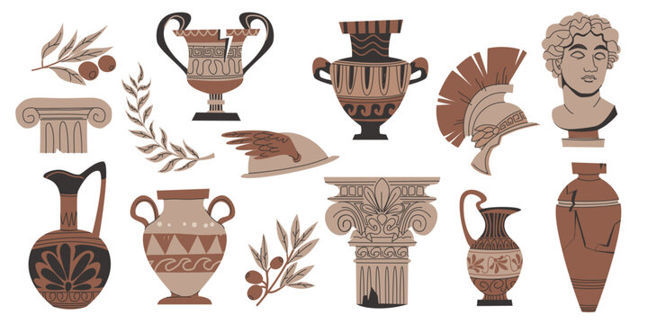 Ancient Greek elements, amphora with traditional patterns and classic statue or bust silhouette, cartoon vector set isolated on white. Elegant vase illustration, Grecian pottery, cultural symbols