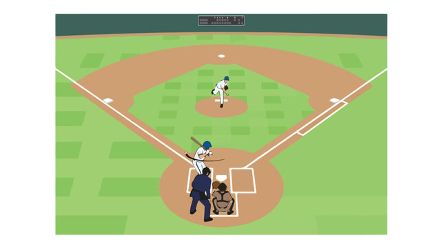 Baseball pitcher delivers pitch from mound to batter at home plate with catcher and umpire on diamond field
