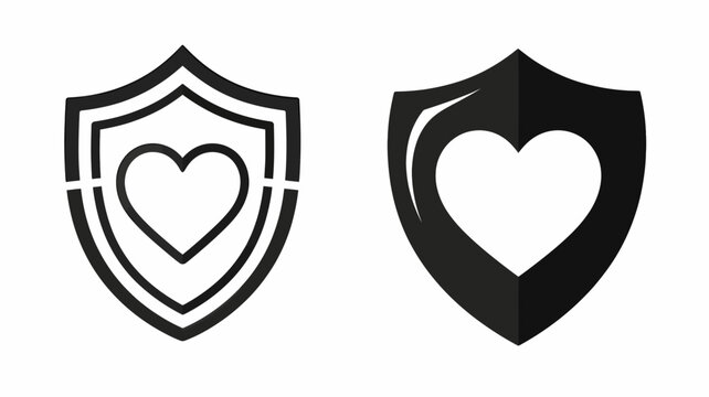 Two black and white shield icons with heart motifs