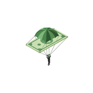 Money Parachute with Human Figure Against White Background