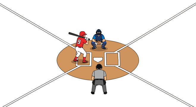 Baseball batter at home plate with catcher squatting and umpire positioned behind on the diamond field