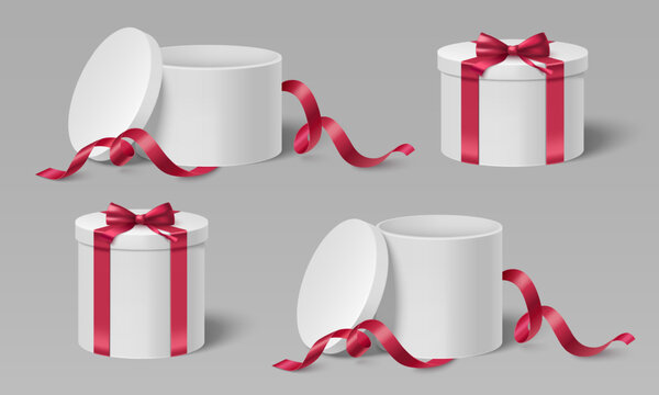 White cylindrical gift box with elegant red ribbon bow, 3d realistic vector illustration isolated on background. Round hat tub, cardboard container for present design, open and closed lid.