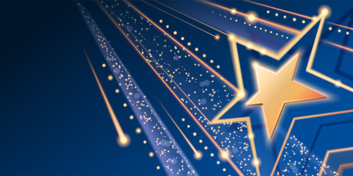 Luxury award ceremony banner with golden star and shimmering lines on blue background. Vector realistic illustration of talent show banner, party or concert stage design element, winner celebration