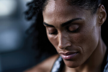 Fototapeta premium A close-up of a focused female athlete shows her exhaustion post-workout, capturing the emotional toll of physical fitness and dedication to personal goals in training.