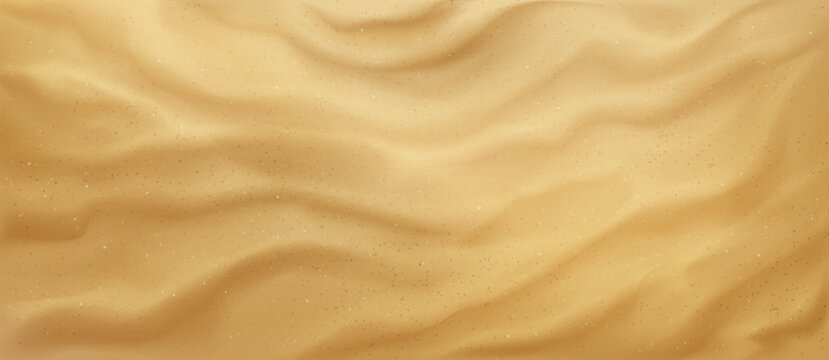Sandy beach or desert pattern with natural sand texture, top view realistic vector background. Seaside wavy ground surface for summer design. Summer shore dunes with particle, ocean bottom