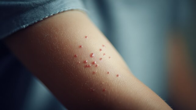 Close up child arm showing small red mosquito bite marks with soft focus background, gentle natural skin tones perfect for health education and insect protection awareness concept