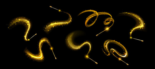 Naklejka premium Magical wand with glowing sparkles and light trails, realistic vector set on transparent background. Fairy spell effect, shimmering stars and particles, and luminous swirls, enchanting atmosphere
