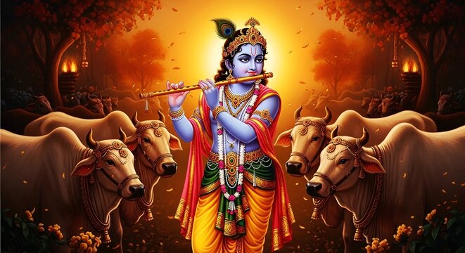 Lord Krishna playing flute with cows, Hindu deity, divine music, spiritual atmosphere