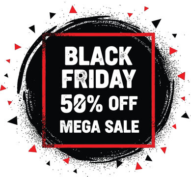 Black friday 50 percent off mega sale advertisement with red and black triangles