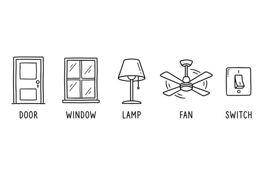 Set of interior elements door window lamp fan and switch icons line art vector illustration.