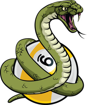 Snake nine ball pool billiards sports mascot holding a 9 ball cartoon illustration
