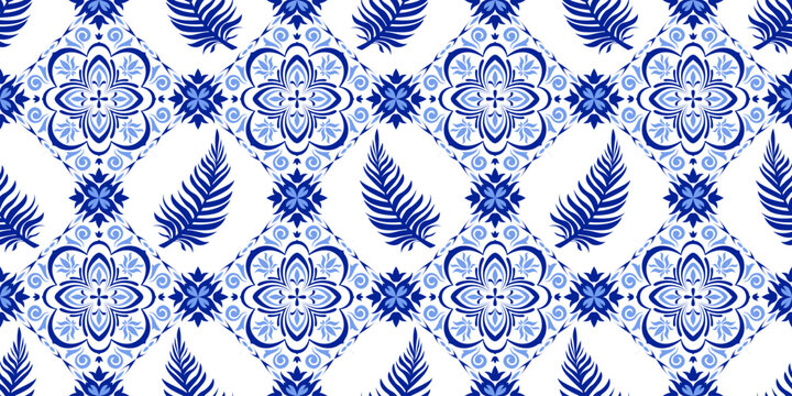 Greek mosaic tile pattern with traditional italian, spanish ornament, abstract vector seamless background. Blue white geometric design, floor or wall portuguese azulejo style, vintage floral motif