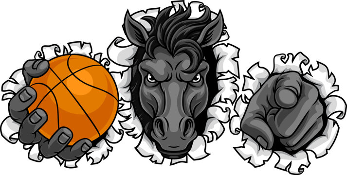 Horse mustang bronco stallion basketball angry sports team mascot holding a ball.