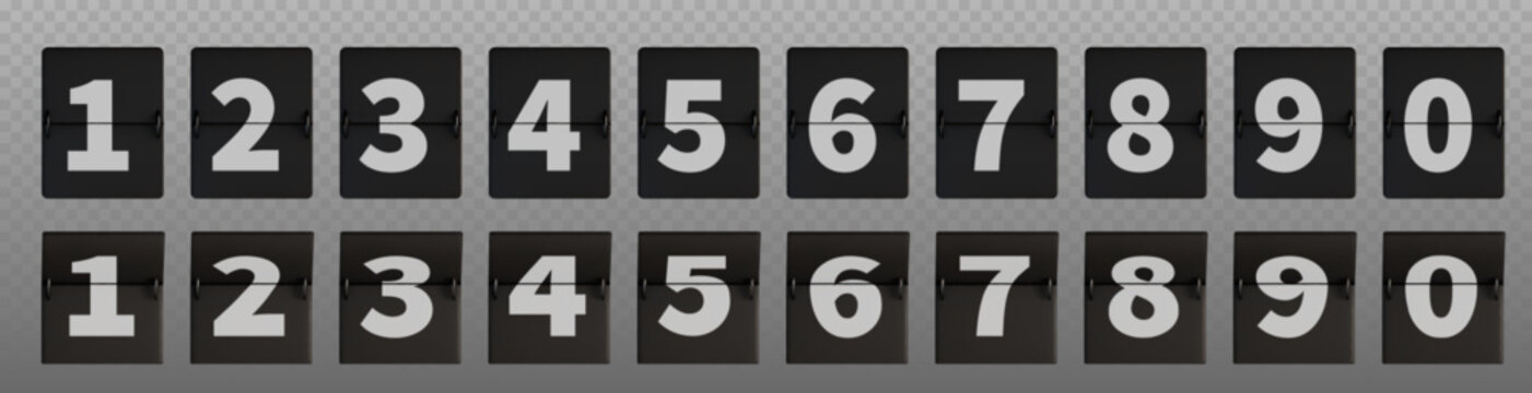 Mechanical flip clock numbers, countdown timer digits, 3d realistic vector illustration isolated on transparent background. Black retro scoreboard panels showing time, classic airport style font