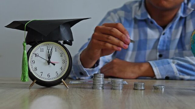 Educational financial concept featuring student organizing money alongside time management clock