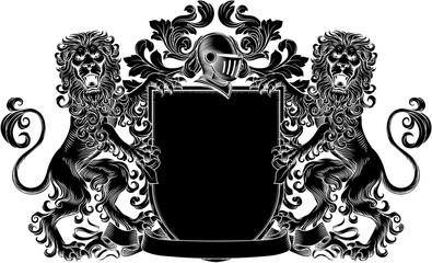 Naklejka premium Lions coat of arms or crest family heraldry medieval heraldic knight shield with helmet and acanthus filigree scroll ornament in a vintage woodcut style.