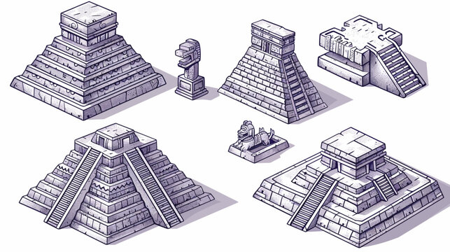 Isometric hand-drawn illustrations of ancient temples and sculptures, evoking history and culture