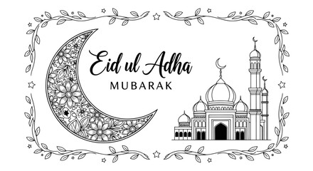 Eid ul Adha Mubarak greeting card with crescent moon and mosque line art illustration © TDF CREATIVE