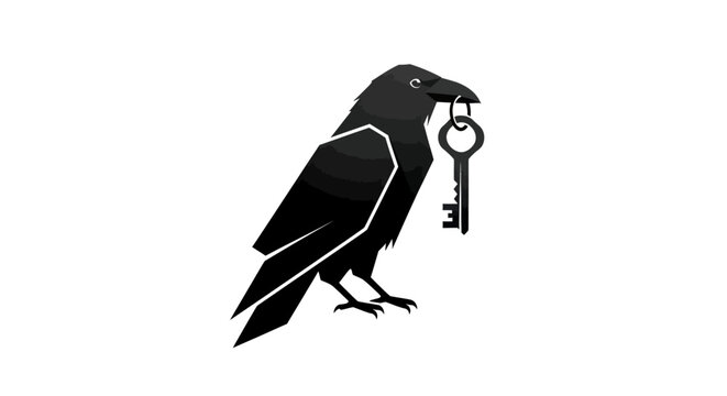 Minimalist illustration of a black raven bird holding a skeleton key in its beak.