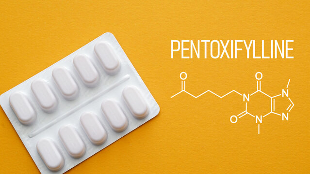 Pentoxifylline medication concept for improving blood circulation and vascular health, treatment of peripheral artery disease, microcirculation enhancement and cardiovascular therapy