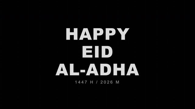 Happy eid al-adha text flickering with digital glitch effects on black background for religious social media
