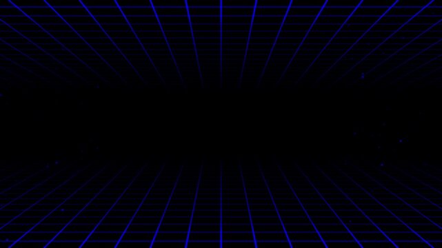 Futuristic 3d blue grid perspective on black background with moving particles