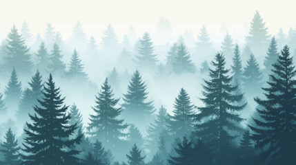 Obraz premium An atmospheric digital artwork of a misty evergreen forest. Layers of trees fade into the background