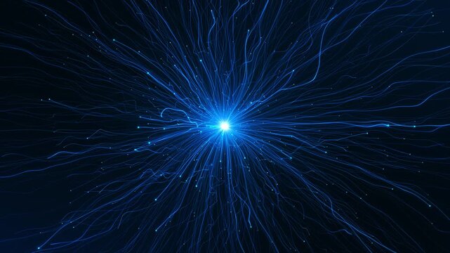 Blue Energy Explosion Lines radiating for technology intros, sci-fi effects, or motion backgrounds, electric strands burst outward creating dynamic light rays and futuristic power visualization. 3D 4K