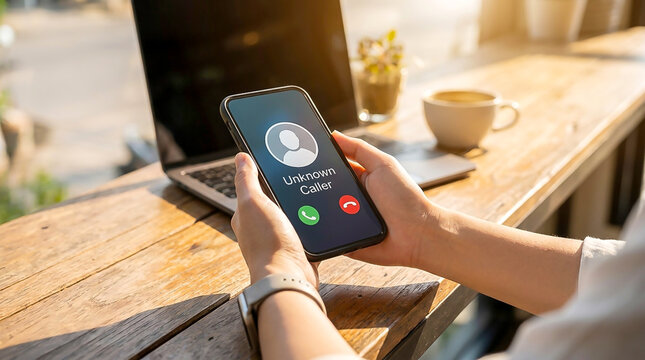 Close up of person holding smartphone with incoming call from unknown caller on screen at outdoor cafe with laptop and coffee