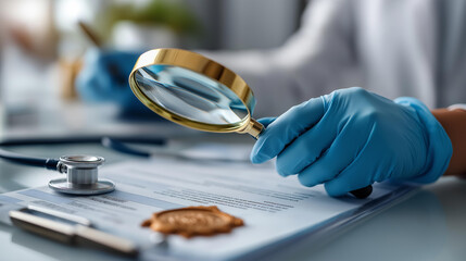 Plakat Overhead flat lay of a gloved hand holding a magnifying glass over a medical certificate with a gold seal on a clean bright surface defocused stethoscope in soft blur healthcare