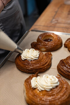 Pastry Cream Decoration in Bakery Kitchen