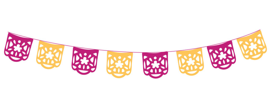 Bright papel picado garland with colorful cut paper flags, festive Mexican banner decoration ideal for party invitations, flyers and celebration designs