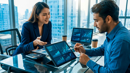 Fototapeta na wymiar Professional business colleagues analyzing financial data on a digital tablet in a modern office with city skyline view