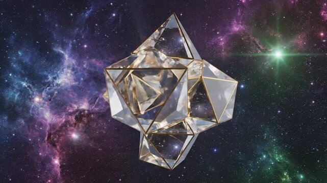 Geometric crystal structure floating in space against colorful nebula background with bright light effects, concept of energy