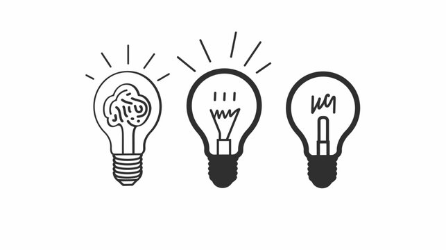Three stylized lightbulbs, one with a brain, another with an idea, and a third with the word idea