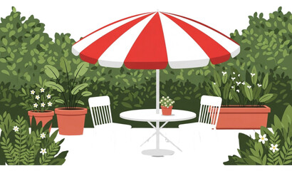 Garden patio vector striped umbrella white chairs outdoor seating scene © MstNadiya