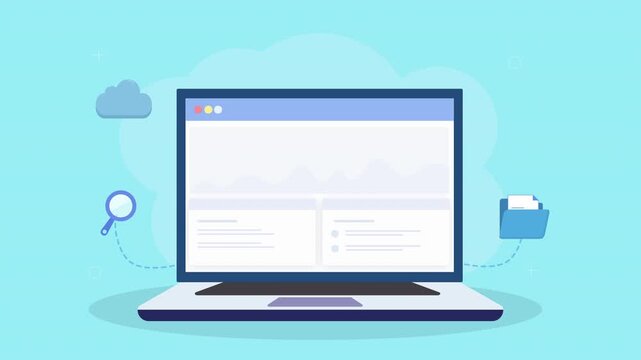 Flat vector animation of a laptop displaying an analytics dashboard with charts, cloud, search, and folder icons. Concept of data access, cloud computing, and digital workflow management.