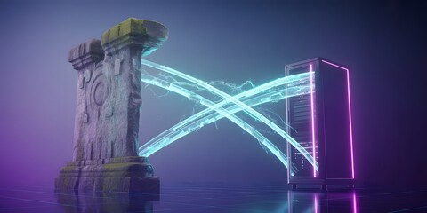 Fototapeta premium Futuristic data transfer from ancient stone column to glowing server tower with neon laser beams in dark atmosphere