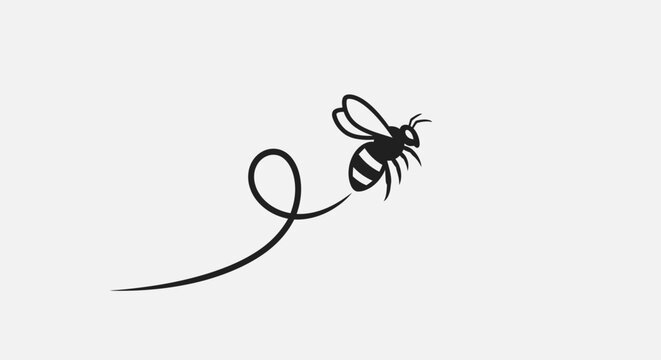Minimalist bee illustration flying with a swirl trail on white background