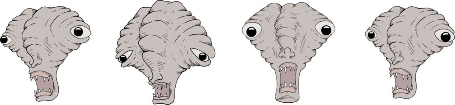 A vector set of bizarre mutant faces showing varied expressions, featuring original designs, surreal emotions, and creatively stylized character illustrations draw