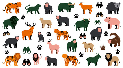 Naklejka premium Collection of diverse wild and domestic animals in a playful flat design style, perfect for educational or decorative purposes