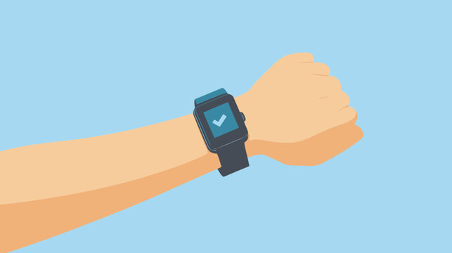 A wrist and arm view with a wearable smartwatch featuring a checkmark symbol against a blue backdrop
