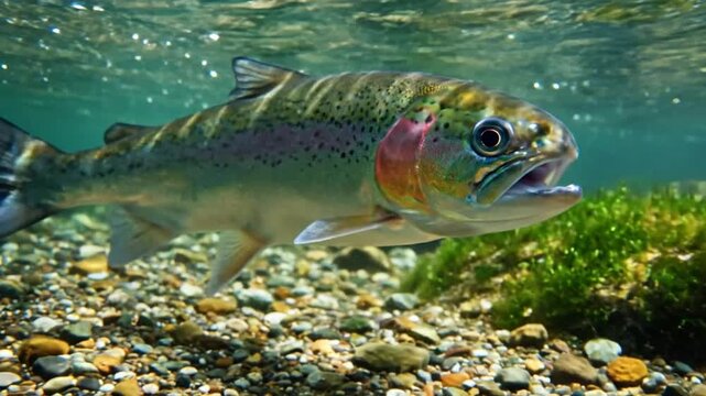Rainbow trout underwater, showing close-up of colorful fish with clear water and gravel riverbed environment