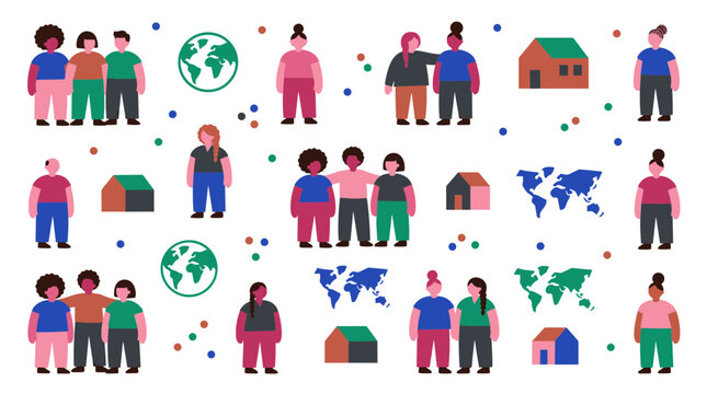 Diverse people and global community concept with houses and world maps symbolizing unity diversity and interconnectedness