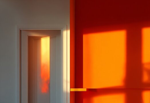 Perfect for striking backgrounds and creative projects, this scene depicts abstract red light patterns at dusk creating diagonal lines through window blinds with a moody cinematic tone