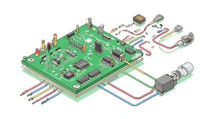 Fototapeta premium An image depicting an electronics lab with microcontroller boards on a breadboard and a soldering iron situated on a workbench