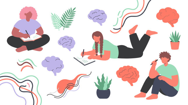 Diverse people engaged in creative writing and brainstorming, symbolizing ideas, learning, and inspiration with abstract brain and plant elements