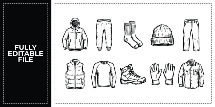 Hand Drawn Winter Clothing Warm Apparel Jackets and Boots Doodle Icon Set Sketch Vector EPS