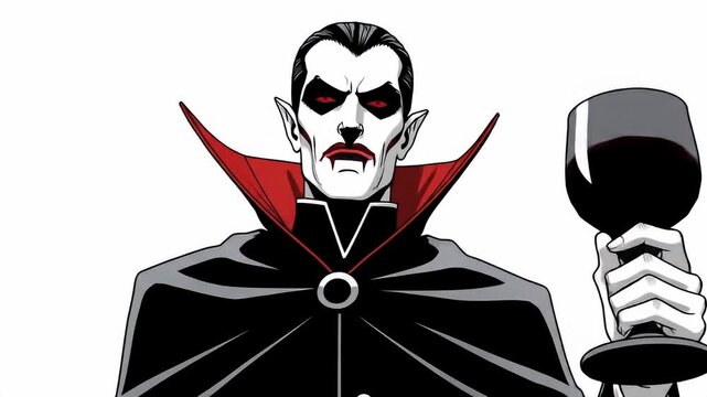 Classic vampire cartoon with pale skin, red eyes, cape, and wine glass in hand