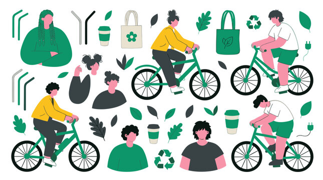 Diverse people embracing eco friendly lifestyle cycling to work using reusable bags and cups reducing carbon footprint and promoting sustainability